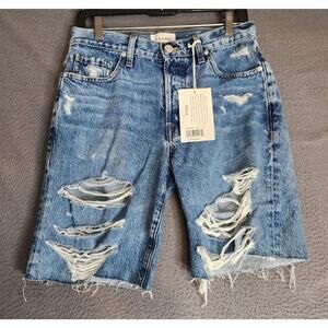 FRAME Le Slouch‎ Bermuda Destroyed Distressed Blue Denim Shorts Size 25 NWT